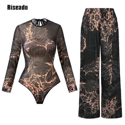 2026 New Trend Mesh Swimwear Women's Sheer Sexy High Waist Surfing One Piece Suit with Pants & Skirt Swimdress Smart Woman