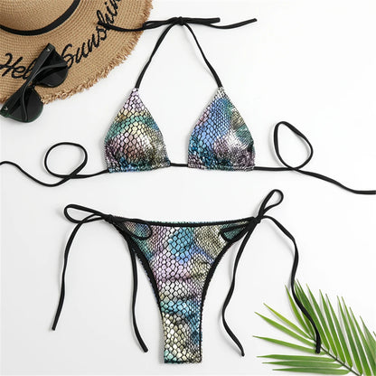 Halter Triangle Sexy Bikini Sets 2025 Women Patent Leather Glitter Swimsuit Summer Solid G-String Swimwear Side Lace Up Monokini