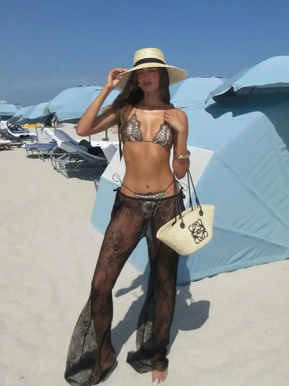 Mesh Bikini with Pants Swimsuit Brazilan Bikini Set Swimwear for Women Lace Halter Shirring 3 Pcs Bathing Suits Summer Female