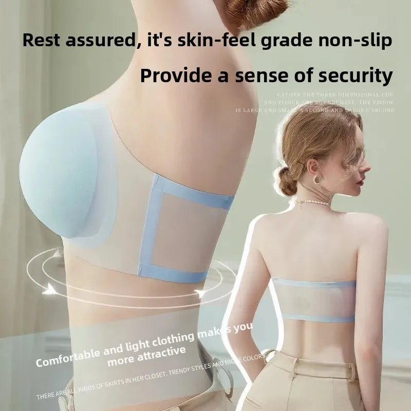 8CM Push Up Strapless Bra - Ice Silk Fabric, Adhesive No Slip for Small Chest, Convertible to Multi-Way