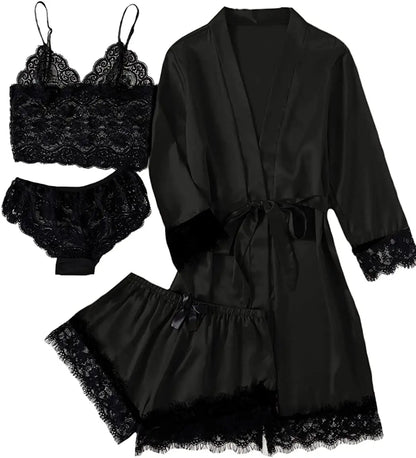 Sexy Women Home Dressing Gown Lingerie Lace Patchwork Satin Robe Set Nightwear Casual Sleepwear Kimono Bathrobe Home Nightdress