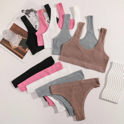 Women Knit Seamless Bra And Panties Set Tank Style Bralette Without Padding Low Rise Thong U-Neck Wide Strap Lingerie Set M-L