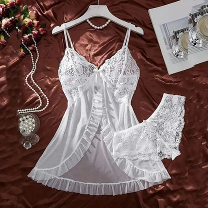 Tulle Ultra Sexy Nightgown V-neck Bra Open Sleep Skirt Night Erotic Dress Woman Sheer Pajamas Lingerie Thongs Luxury Kit