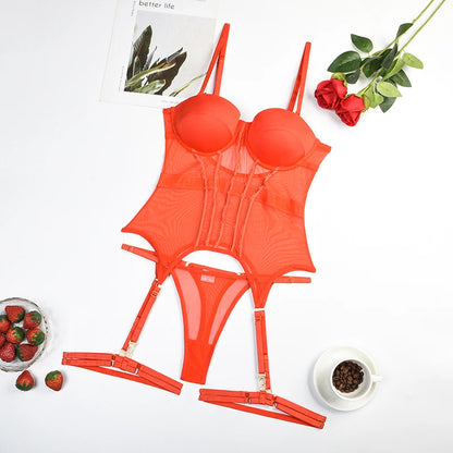 MUZISKAT Mesh  Lingerie Luxury Brand Bodysuit Backless Tops for Women 3 Piece Lingerie Set with Garter Sexydresses for Women
