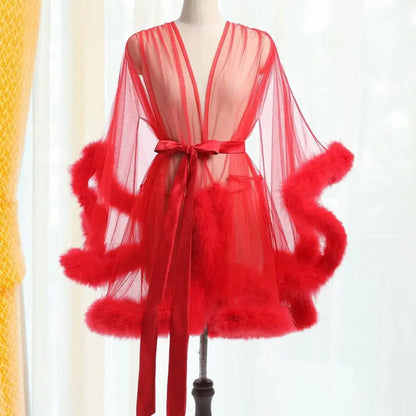 Sexy Bride Wedding Robe Dress Sleepwear Elegant Feather Long Nightgown Nightwear Luxury Ice Silk Home Dress Loungewear Sleepwear