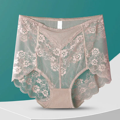 Women High Waist Plus Size Panties Sexy Lace Mesh Floral Transparent Briefs Fashion Underpants Lingerie  Seamless Underwear