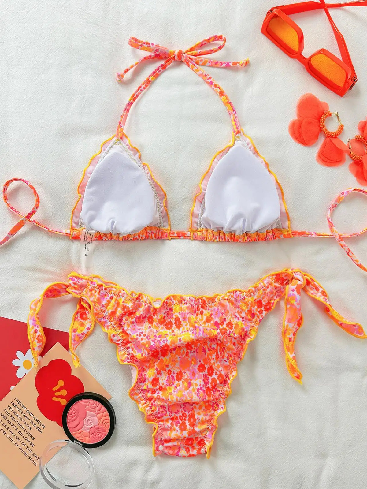 Cute Orange Floral Print Bikini Set Women Halter Ruffles Push Up Tie Side Thong Swimsuit 2027 Summer Bathing Suit Micro Swimwear
