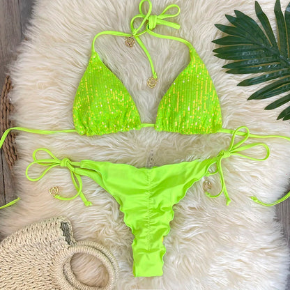 Women's Sparkle Sequins Bikini Set Beach Summer 2026 Vacation Glitter Swimsuit Two-Piece Swimsuit Set Scrunch Bum Bathing Suits