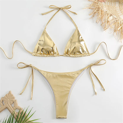 Halter Triangle Sexy Bikini Sets 2025 Women Patent Leather Glitter Swimsuit Summer Solid G-String Swimwear Side Lace Up Monokini