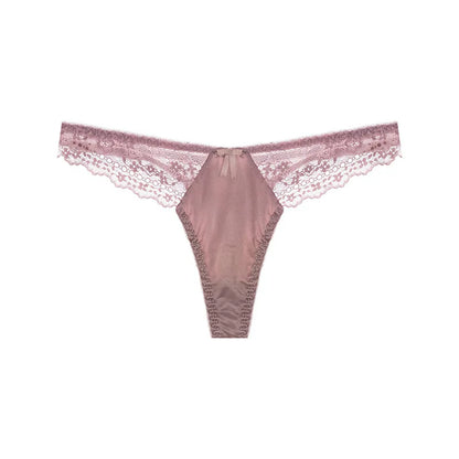 Hollow Lace Sexy Glossy Satin Silk Smooth Thong Women's Panties Sexy Low Waist G-string Underwear Bow Seamless Lingerie Sexy Hot