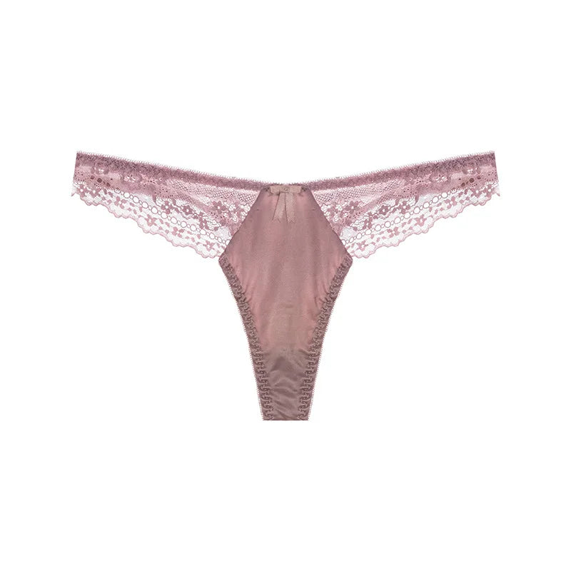 Hollow Lace Sexy Glossy Satin Silk Smooth Thong Women's Panties Sexy Low Waist G-string Underwear Bow Seamless Lingerie Sexy Hot