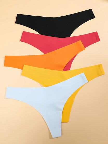 5PCS Seamless Thongs for Women V Waist G-String Panties Ice Silk Breathable Dopamine Color Underwear Ultra Thin Lingerie XS-XL
